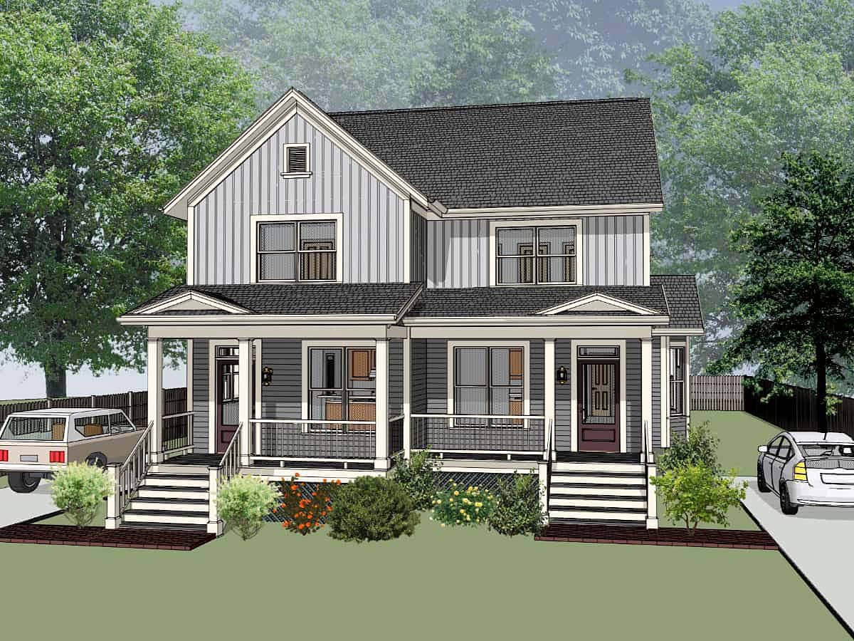 Two-Story Duplex Plan With Bay Windows