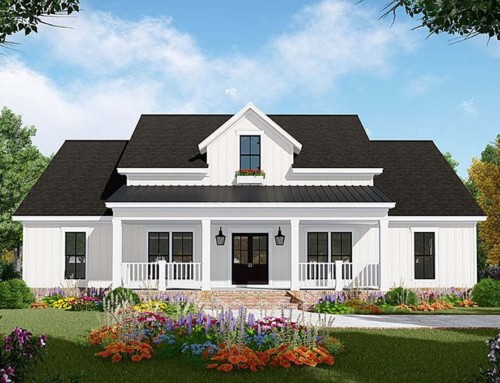 Modern Farmhouse Plan with 2 Car Garage at Back of Home