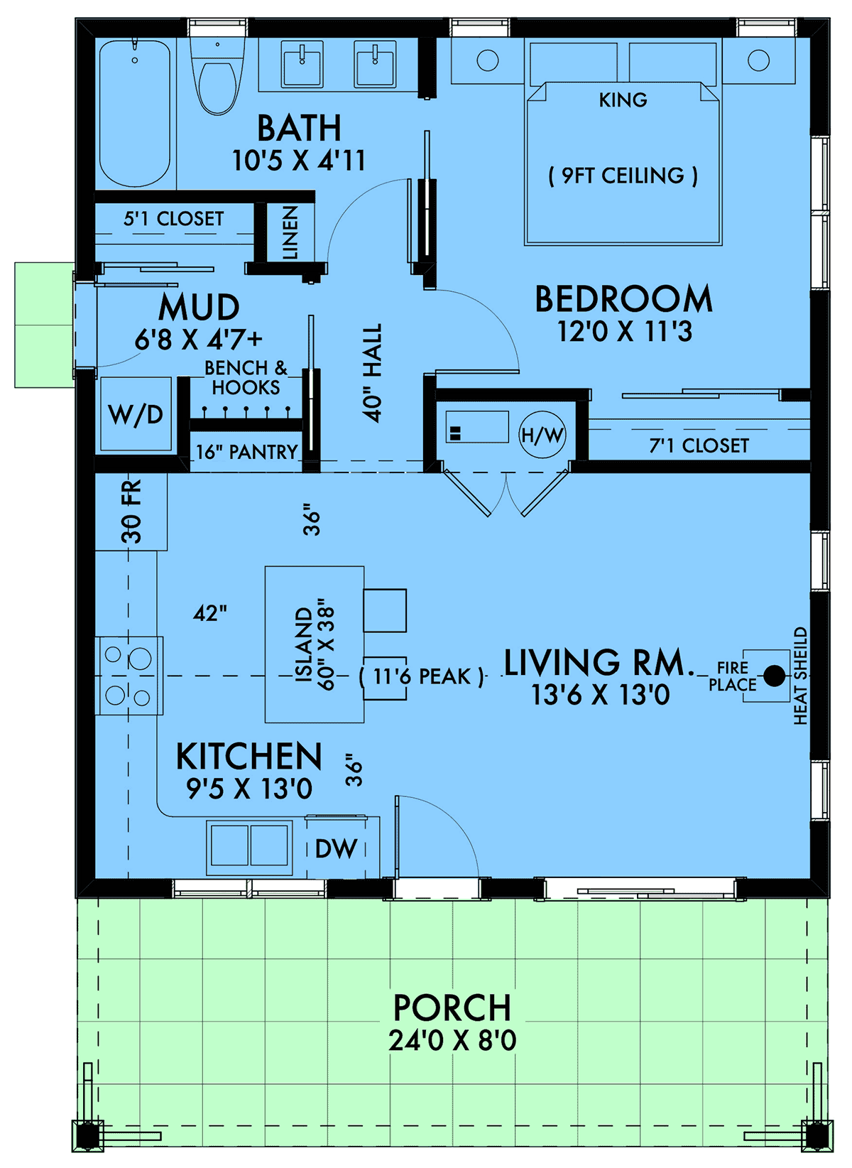 Floor plan layout for Cottage House Plan 42920 showing vaulted living room, kitchen with island, bedroom, and front porch