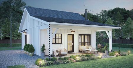 Front exterior rendering of Small Country Cottage House Plan 42920 with covered porch and board-and-batten siding
