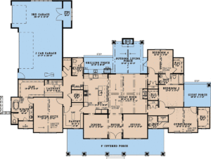 Floor plan layout of Balanced Modern Farmhouse Plan 82761 showing open concept kitchen, great room, and split bedroom design