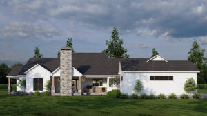 Rear porch of Plan 82761 with vaulted ceiling, outdoor fireplace, and grilling station