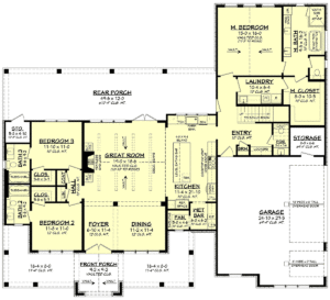 Floor plan layout for Modern Farmhouse House Plan 82919 showing open great room, kitchen with island, 3 bedrooms, and bonus room