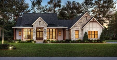 Front exterior rendering of Modern Farmhouse House Plan 82919 with board and batten siding, stone accents, and semi wraparound porch