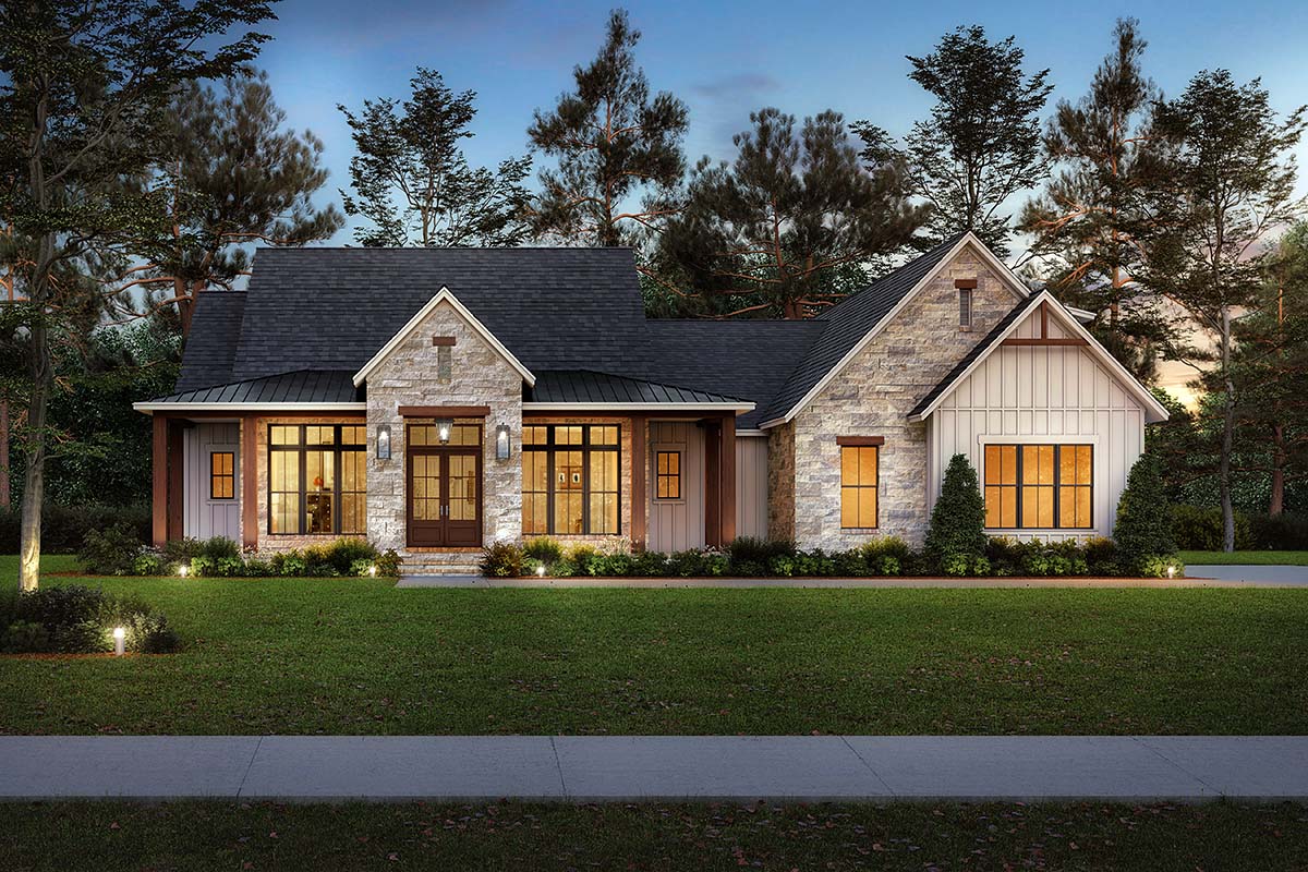 Front exterior rendering of Modern Farmhouse House Plan 82919 with board and batten siding, stone accents, and semi wraparound porch