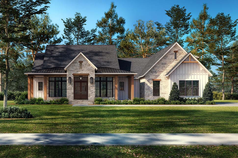 Alternate front view of Modern Farmhouse Plan 82919 showing stonework, farmhouse gables, and attached 2.5 car garage