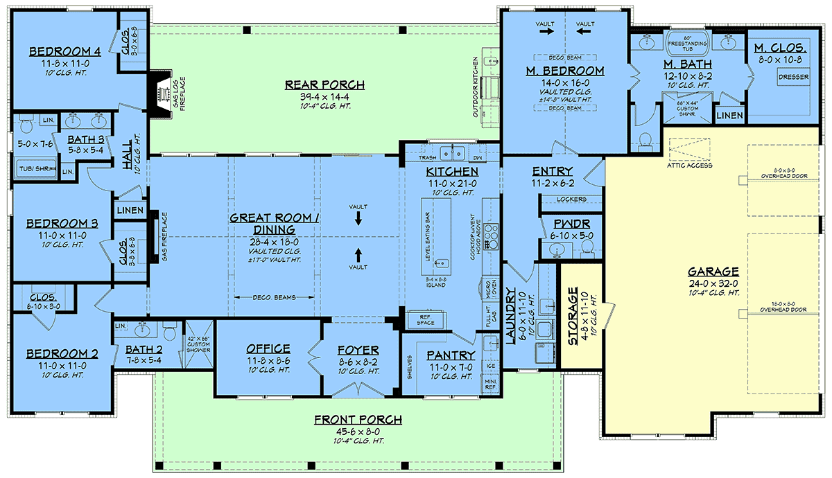 Floor plan layout of Modern Farmhouse Plan 82951 with open concept kitchen, great room, and split-bedroom design