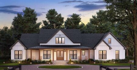 Front rendering of Modern Farmhouse Plan 82951 with covered porch, double entry doors, and gabled roof
