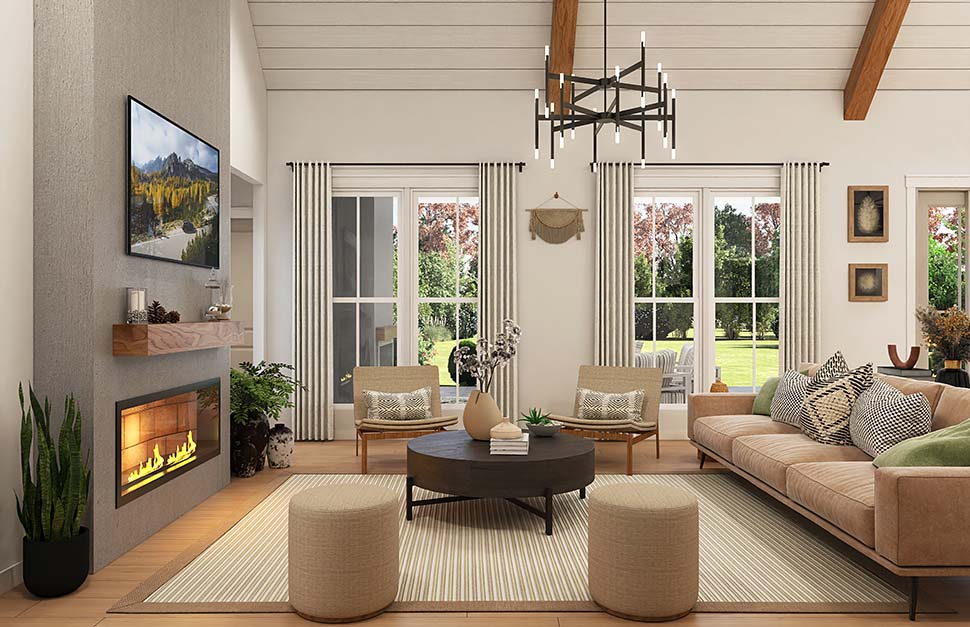 Great room interior of Plan 82951 with vaulted ceiling, decorative beams, and stone fireplace