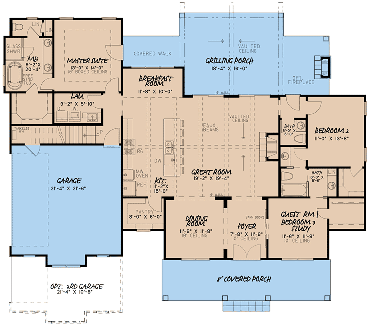Floor plan of Farmhouse Plan 100410 showing layout of kitchen, great room, bedrooms, and grilling porch