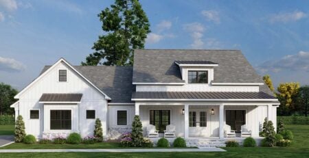 Front rendering of Farmhouse Plan 100410 showing large covered porch, white columns, and farmhouse-style exterior
