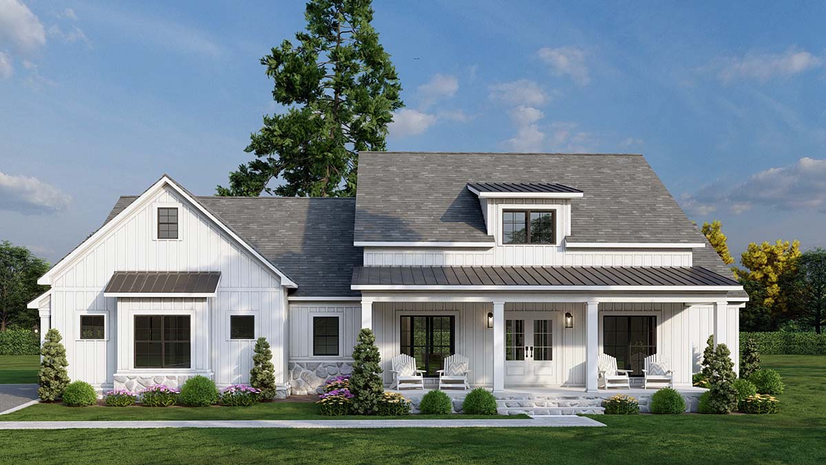 Front rendering of Farmhouse Plan 100410 showing large covered porch, white columns, and farmhouse-style exterior