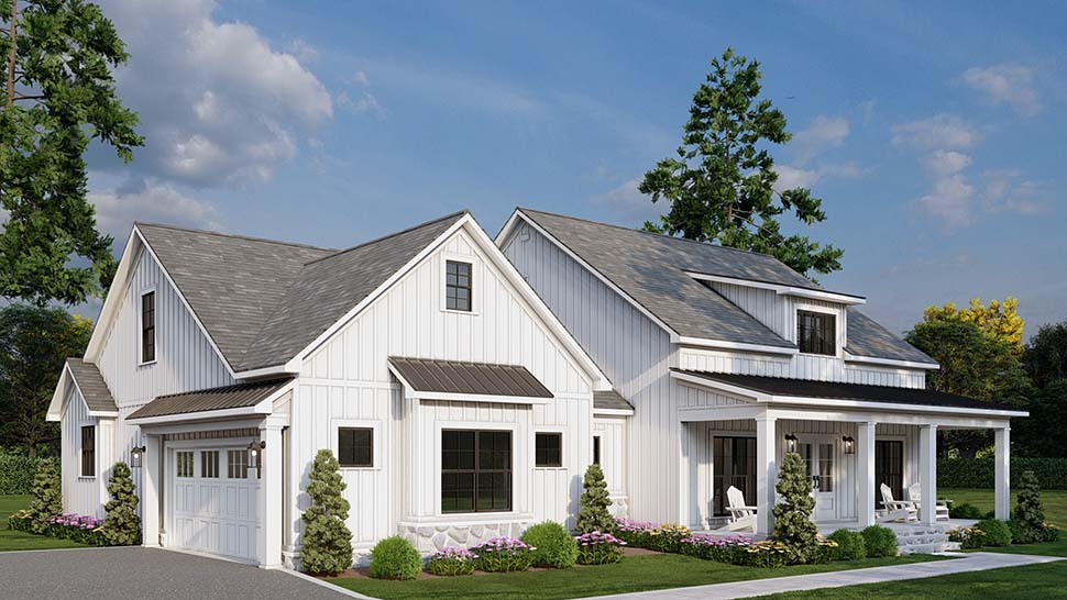 Front rendering of Farmhouse Plan 100410 showing large covered porch, white columns, and farmhouse-style exterior
