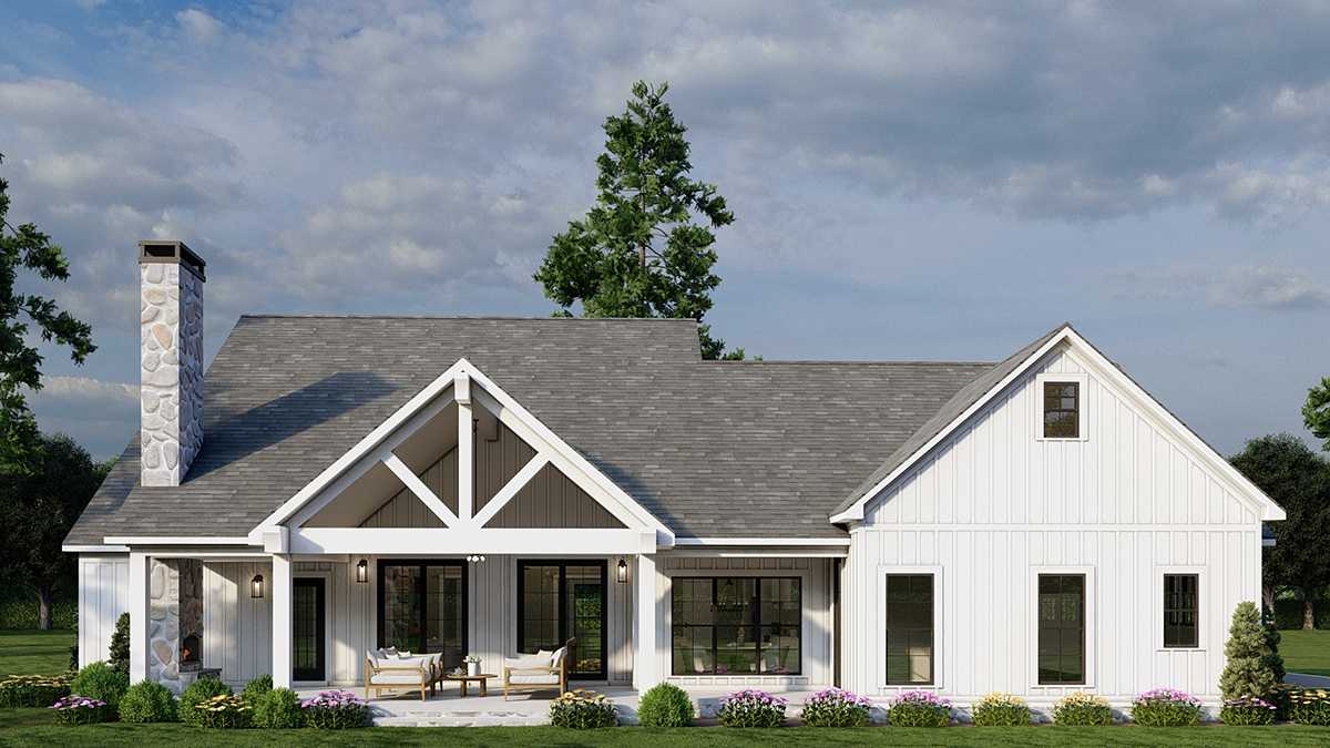 Rear elevation rendering of Farmhouse Plan 100410 showing covered grilling porch with optional outdoor fireplace