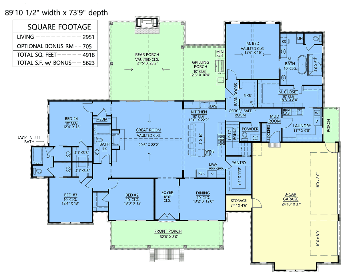 Floor plan of Modern Farmhouse Plan 41476 showing open layout, bonus room, and outdoor living area