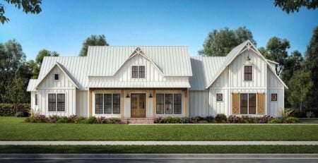 Front rendering of Modern Farmhouse Plan 41476 with white siding, wood shutters, and double front doors