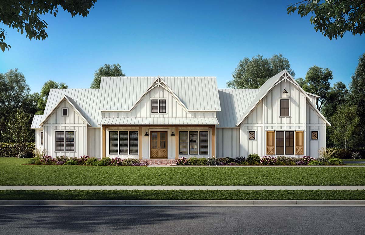 Front rendering of Modern Farmhouse Plan 41476 with white siding, wood shutters, and double front doors