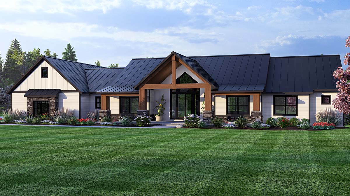 Front rendering of Modern Craftsman House Plan 43960 with gabled roof and stone accents