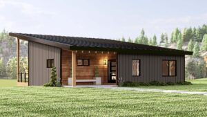 Front rendering of Contemporary Hillside House Plan 43977 with modern lines and mixed materials