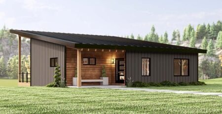 Front rendering of Contemporary Hillside House Plan 43977 with modern lines and mixed materials