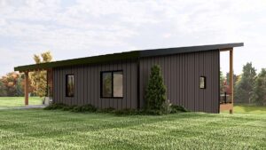 Side elevation of Contemporary Hillside House Plan 43977 with modern sloped roof and windows