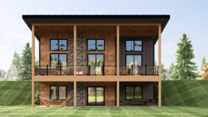 Rear rendering of Contemporary Hillside House Plan 43977 showing covered deck and walkout basement