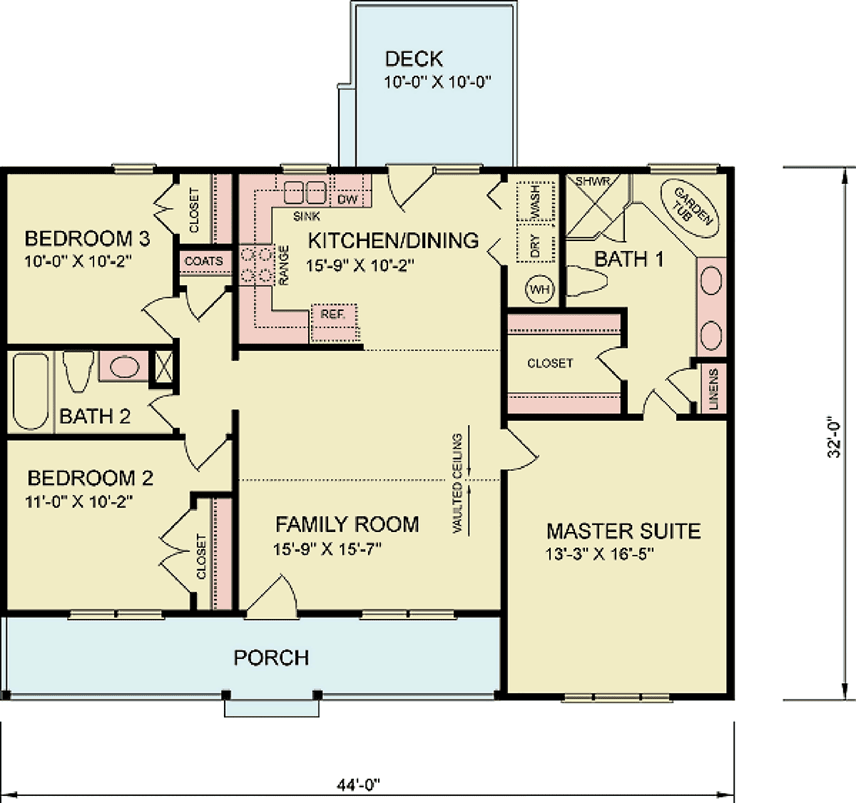 Floor plan layout of Traditional Ranch Home Plan 45476 showing open family room and split bedroom design