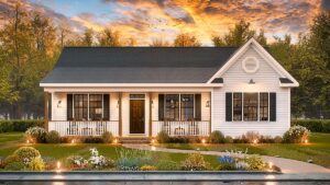 Front rendering of Traditional Ranch Home Plan 45476 with covered porch and gable roof