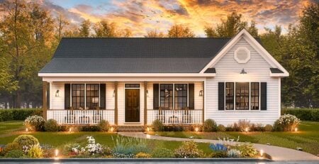 Front rendering of Traditional Ranch Home Plan 45476 with covered porch and gable roof