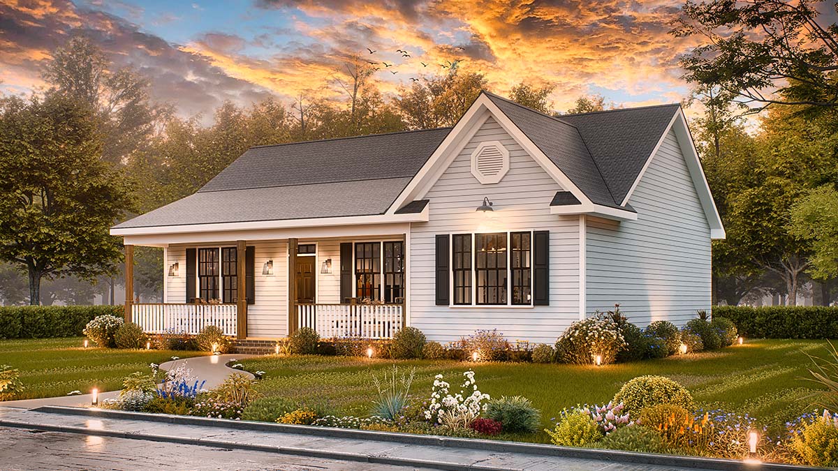 Front rendering of Traditional Ranch Home Plan 45476 with covered porch and gable roof