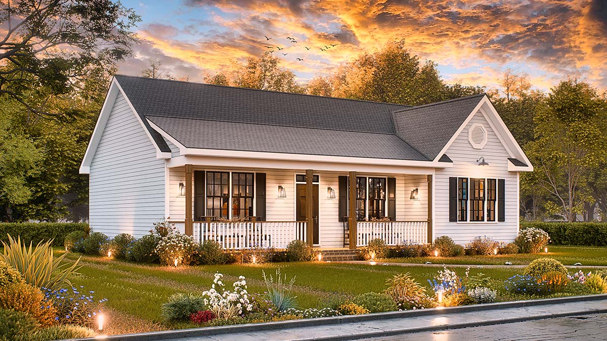 Angled front rendering of Traditional Ranch Home Plan 45476 showing front porch and entry