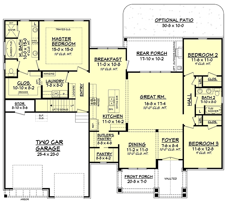 Floor plan of Farmhouse Plan 56911 showing open kitchen, great room, and dining layout with rear porch access