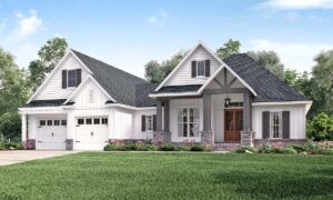 Front rendering of Farmhouse Plan 56911 with exposed beams, country craftsman details, and welcoming front porch