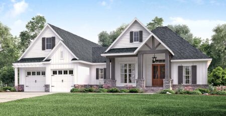 Front rendering of Farmhouse Plan 56911 with exposed beams, country craftsman details, and welcoming front porch