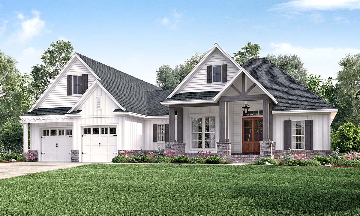 Front rendering of Farmhouse Plan 56911 with exposed beams, country craftsman details, and welcoming front porch