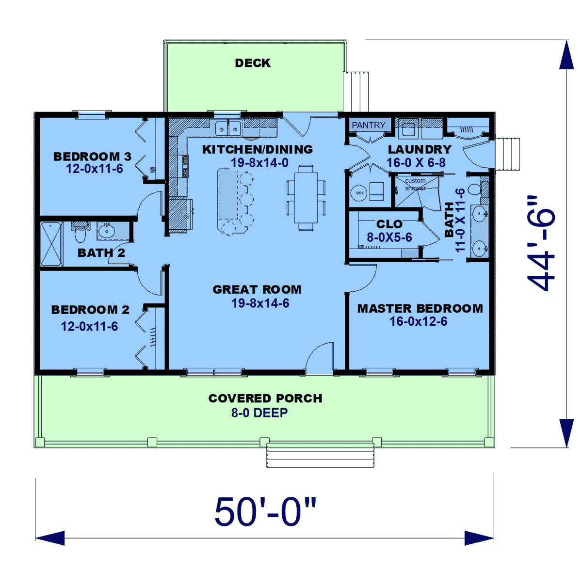 Floor plan of Southern Style House Plan 77428 showing open layout and rear deck connection