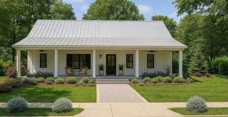 Front rendering of Southern Style House Plan 77428 with large covered porch and board and batten siding
