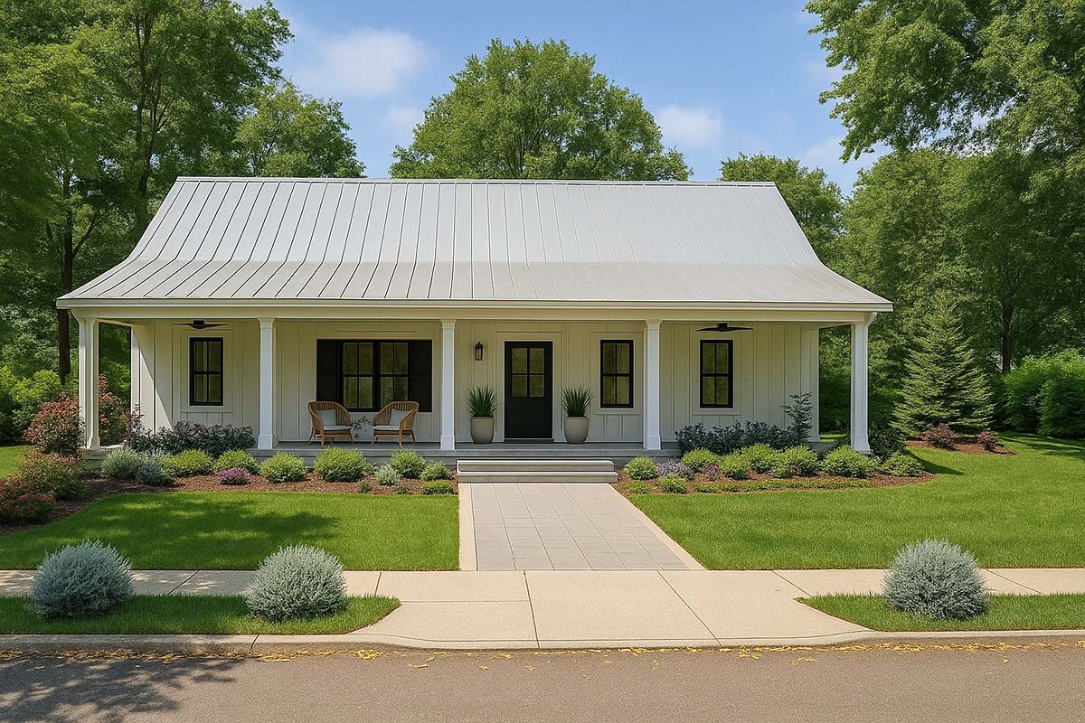 Front rendering of Southern Style House Plan 77428 with large covered porch and board and batten siding