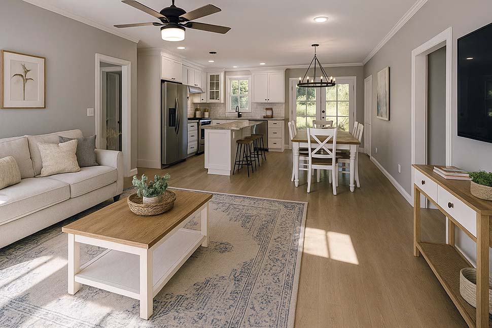 Great Room of Southern Style House Plan 77428 with kitchen