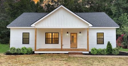 Front rendering of Country Ranch Style House Plan 77435 with simple gable roof and front porch