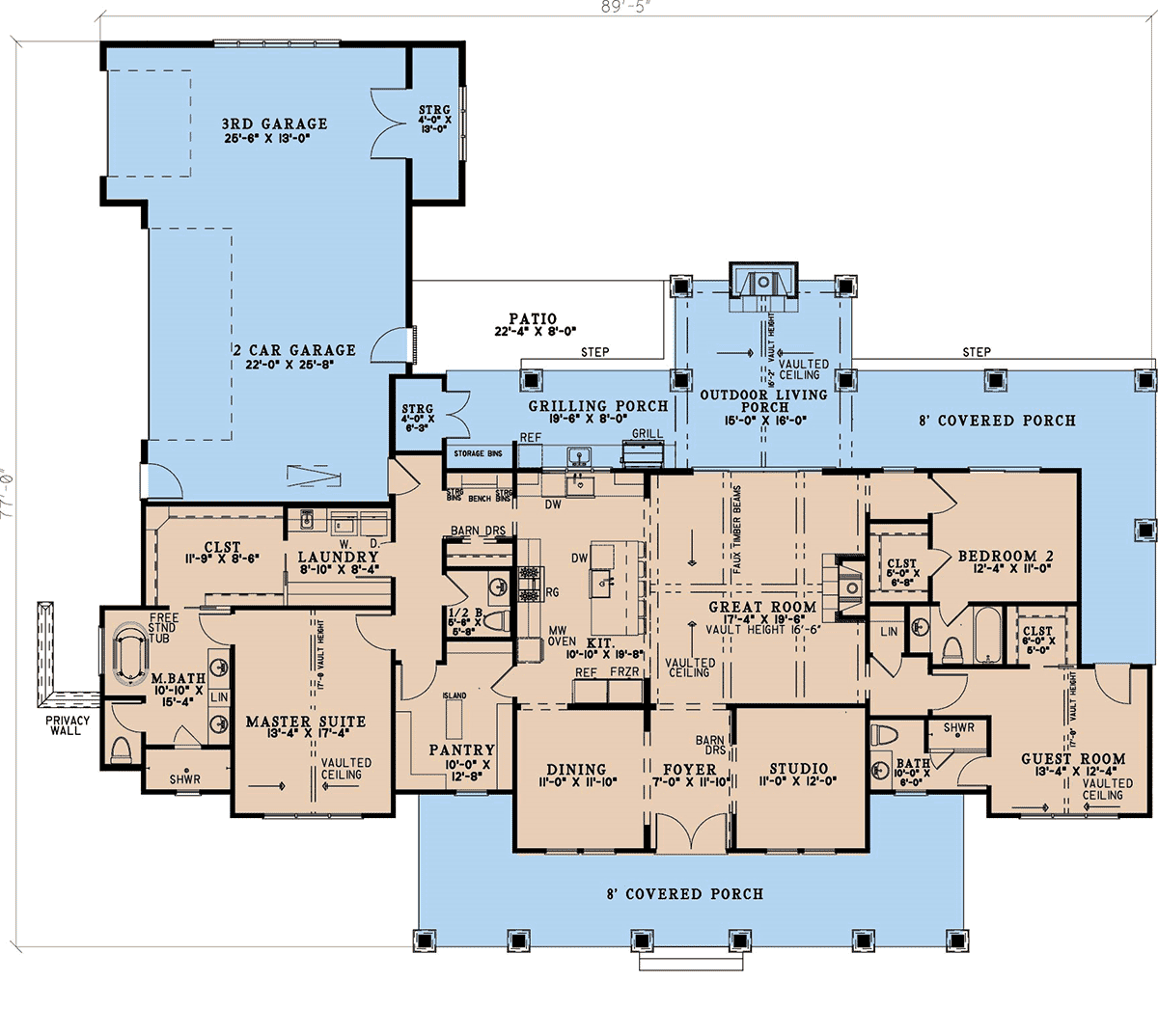 Floor plan of Farmhouse Plan 82762 showing open layout with great room, dining, and rear porch