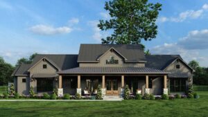 Front rendering of Farmhouse Plan 82762 with welcoming porch and Craftsman details