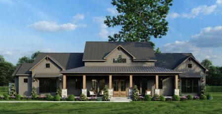 Front rendering of Farmhouse Plan 82762 with welcoming porch and Craftsman details