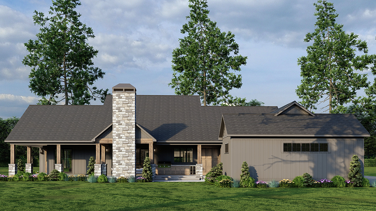 Rear rendering of Farmhouse Plan 82762 with vaulted porch and outdoor fireplace