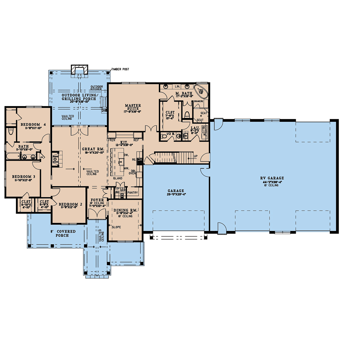 Floor plan layout of Barndominium Style House Plan 82783 showing great room, kitchen, bedrooms, and large 4-car garage