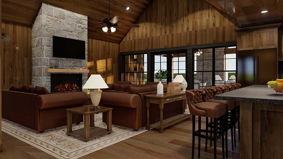Interior rendering of vaulted great room in Barndominium Style House Plan 82783 with fireplace and open concept design