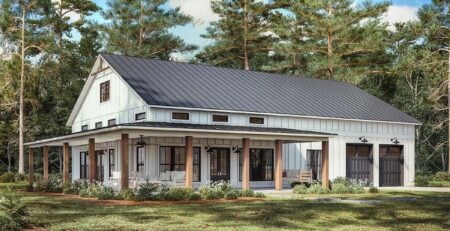 Barndominium-Style Modern Farmhouse Plan 82906, a 2,000 sq ft 3-bedroom home with 16-foot ceilings, open-concept great room, and a stunning wrap-around porch perfect for entertaining.
