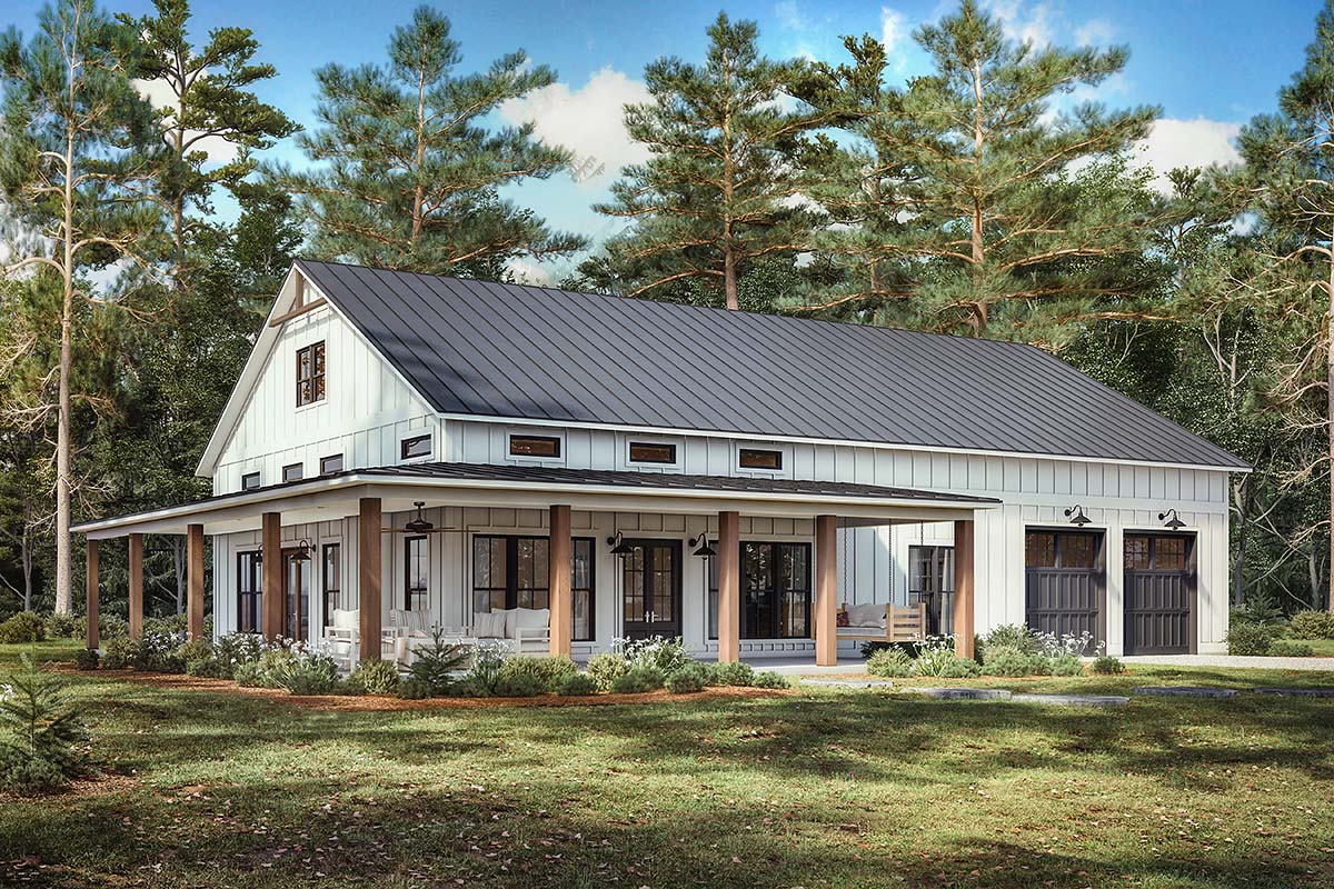 Barndominium-Style Modern Farmhouse Plan 82906, a 2,000 sq ft 3-bedroom home with 16-foot ceilings, open-concept great room, and a stunning wrap-around porch perfect for entertaining.