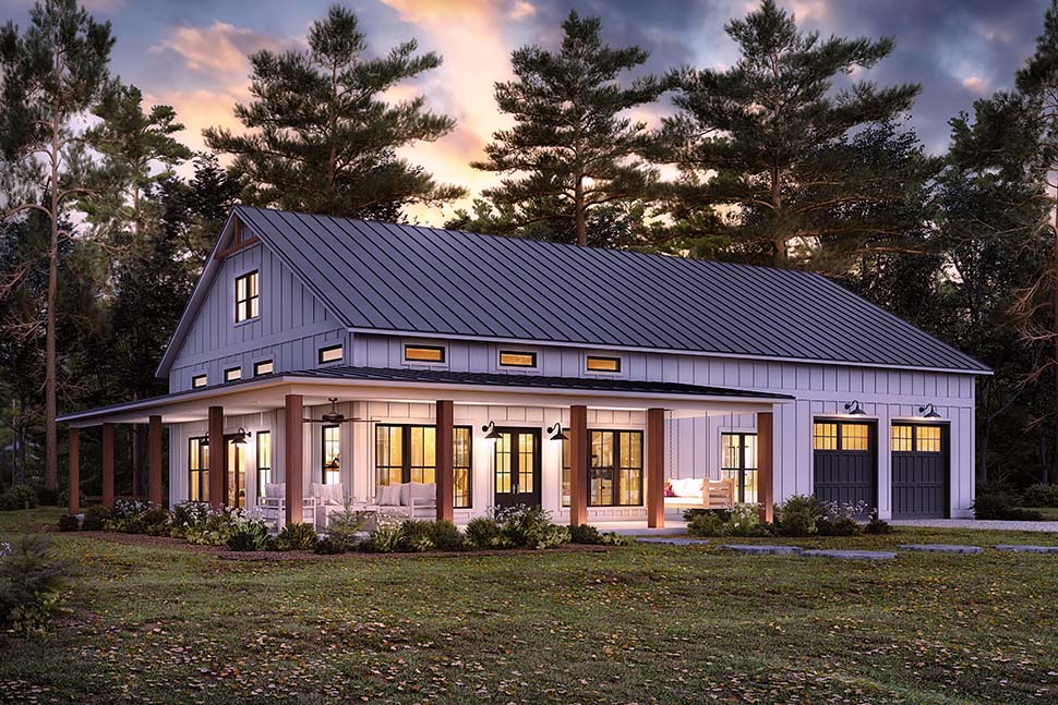 Evening View Rendering of Barndominium-Style Modern Farmhouse Plan 82906