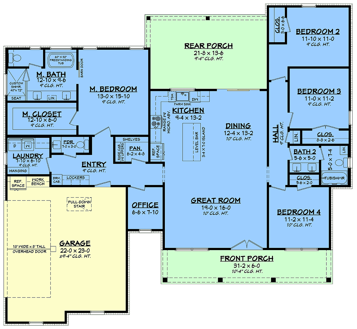 Floor plan of Modern Farmhouse Plan 82950 showing open kitchen, dining, and great room layout with rear porch access